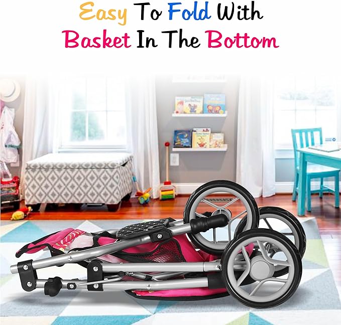 Fash N Kolor - Baby Doll Stroller with Adjustable Canopy & Toy Storage Basket - Foldable Baby Stroller for Pretend Play - Denim Pink,