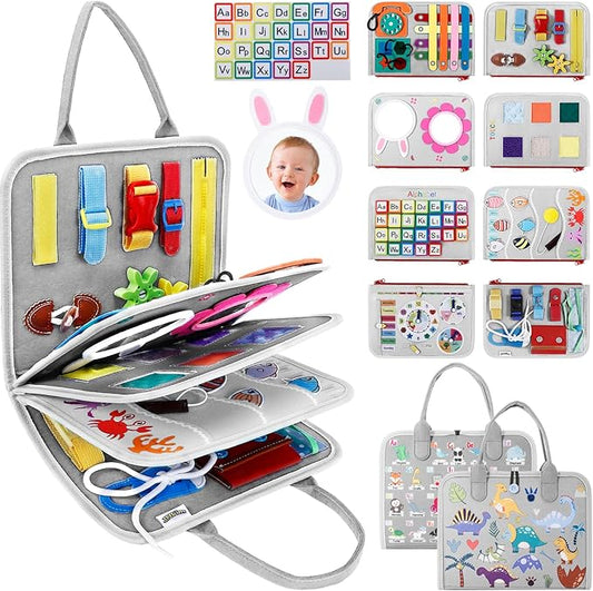Busy Board Montessori Toys for Aged 1 2 3 4 Boy & Girl Birthday Gifts, Autism Sensory Travel Toys for Toddlers, Educational Activity Sensory Board Preschool Learning Fine Motor Skills Toys, Gray