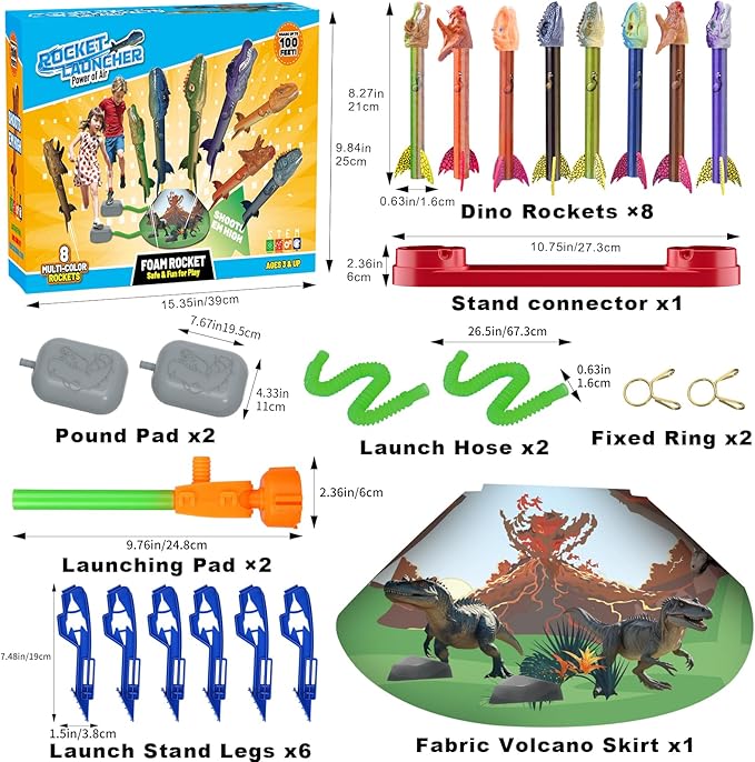 Dinosaur Toys Rocket Launcher for Kids, 8 Rockets with 2 Launcher Pads, Launch Up to 100 Ft, Outdoor Toys, Birthday Gifts for 3 4 5 6 7 8-12 Year Old Boys Girls