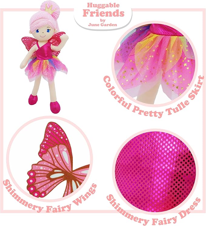 June Garden 16" Enchanted Garden Fairy Doll Siofra - Plush Stuffed Soft Doll Girl Gift - Fushia Outfit and Wings