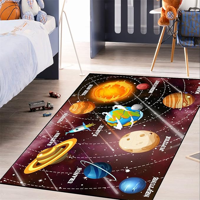 Space Rugs Educational Learning Black Large Size Solar System Carpet Rugs Kids Rug for Bedroom Boys Space Area Rug Living Bedroom, 3'×4'