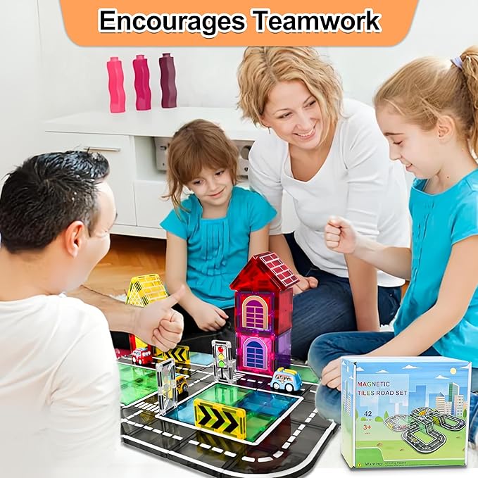 42pcs Magnetic Tiles Road, Magnetic Building Blocks City Construction Toys for 3+Year Old Boys & Girls, Montessori Toys for Toddler, STEM Learning Gifts