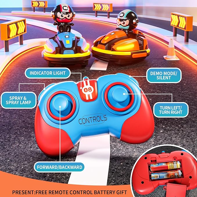2 Pack RC Cars Toys for Toddlers|Remote Control Bumper Cars Toys with Music & Light & Spray for Kids|Birthday Gift for 3 4 5 6 7 8 Year Old Boys