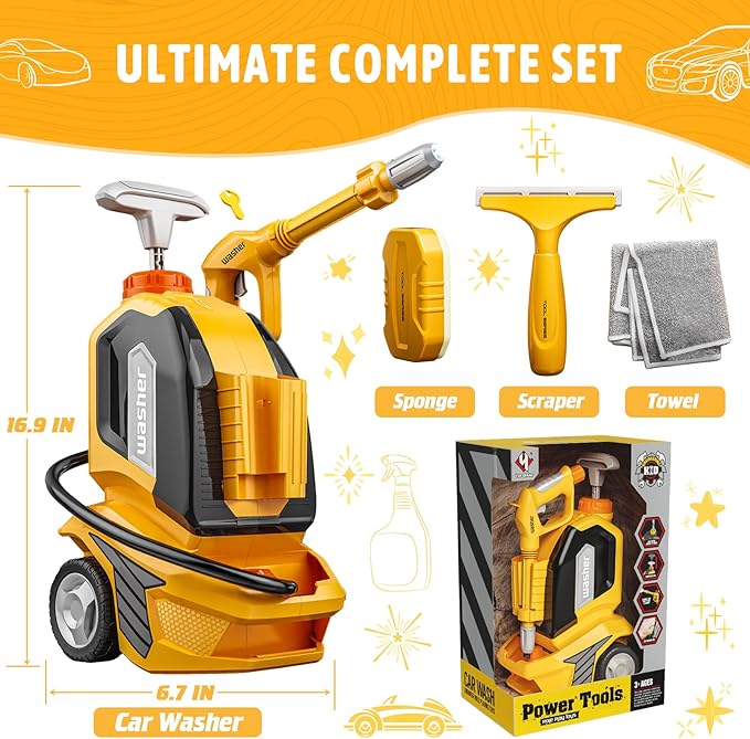 Kids Clean Car Wash Toy - Kids Power Washer with Scraper Sponge Towel, Manual Pressure, Adjustable Water Gun Spray, Pretend Play Tools Role Playing Cleaning Toys Gift for Toddler Boys Girls Ages 3+
