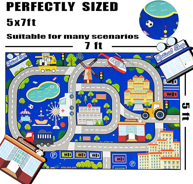 Car Track Rug - Car Rugs for Kids Toy Cars City Life Road Rug Large Kids Play Mat for Boys Girls Playroom Living Room Bedroom Classroom, 5'×7'