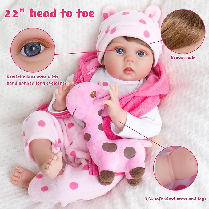 Reborn Baby Dolls Girl Set- 22 Inches Realistic Soft Vinyl Newborn Baby Doll That Look Real, Best Toy for Kids Ages 3+ (Jasmine)