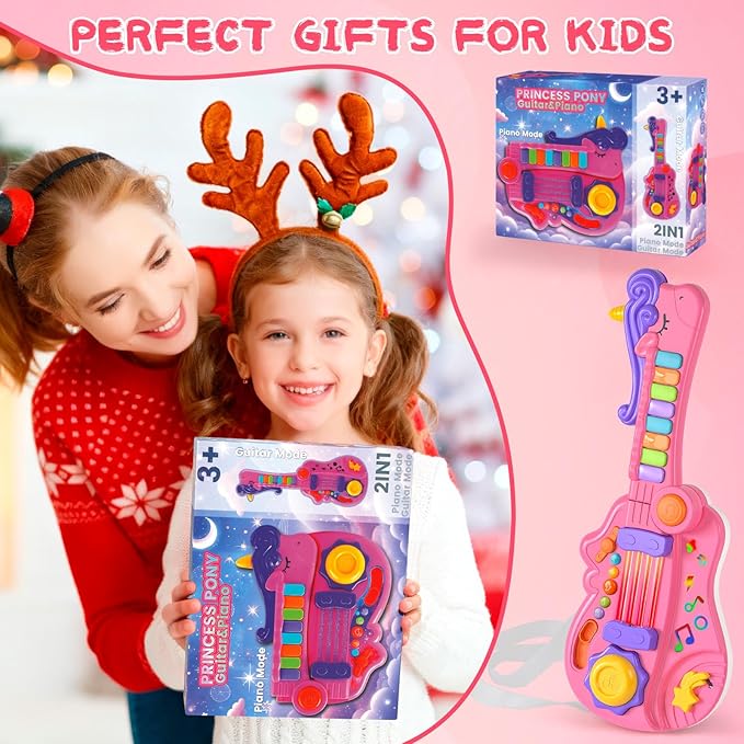 M SANMERSEN Kids Guitar Toddler Toys Guitar for Girls Kids 3 4 5 Year Old 3-in-1 Electric Guitars with Piano Drum Toddler Musical Toy with Strap Light Up Boys Girls Birthday Christmas Easter Gifts
