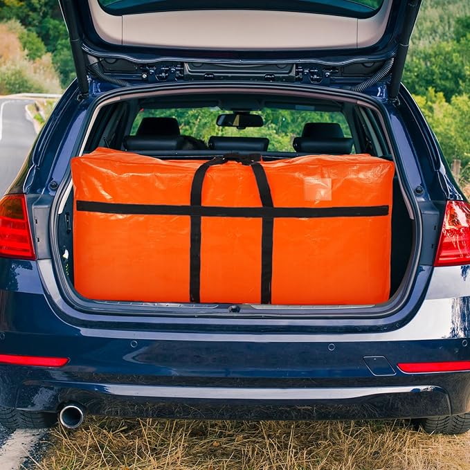 Windyun 4 Pack 69 Gallon Extra Large Storage Bags XXL Moving Bags with Zipper Handles Heavy Duty Jumbo Big Totes Box for Halloween Skeleton 4-12 Feet Christmas Tree Storage College Dorm Cloth (Orange)