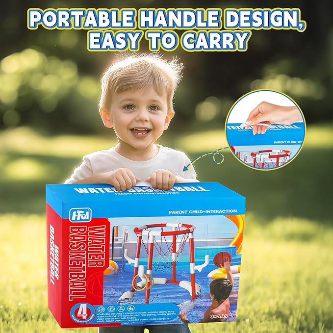 Pool Basketball Hoop, Floating Game with 6 Balls & Pump, Kids Pool Toys for Outdoor Summer Fun, Adjustable Height for Ages 4-8-12, Family Swimming Pool Accessory(red)