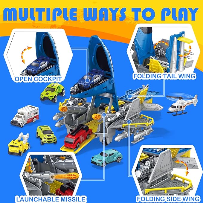 Fighter Toys with Mini Helicopter, Fire Truck, Construction Police Rescue Cars, Airplane, Educational Learning Toys for Kids Ages 3-12 (ASTM Certified), Blue