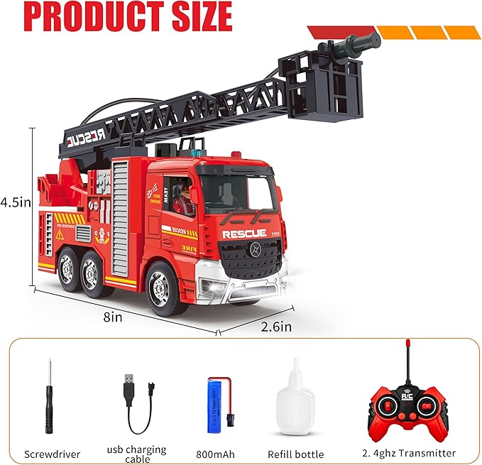 AISYAH RC Fire Engine Truck - Remote Control Fire Truck Toy with 12-Inch Ladder and Lights and Sirens, Best Gift Toy for Boys Girls