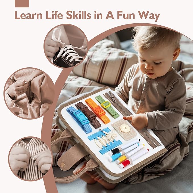 hahaland Montessori Busy Board for Toddlers 2-4 - 2 Year Old Boy Toys Birthday Gift - Travel Toys - Dinosaur, Alphabet, Number, Shape, Drawing, Life Skills