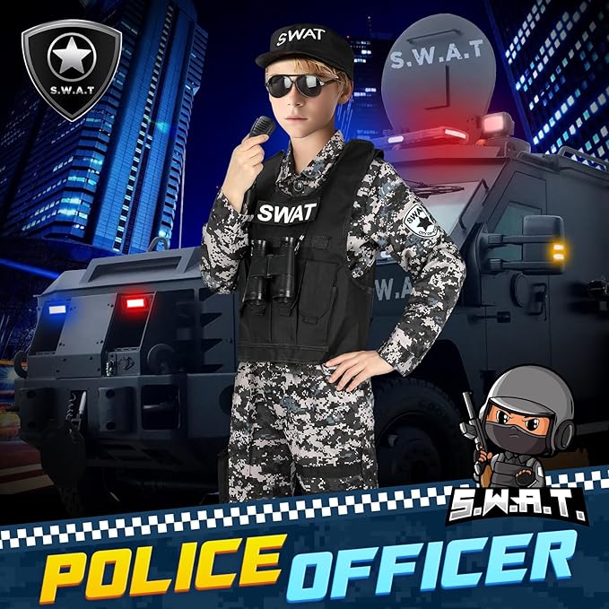 Luucio SWAT Police Officer Costume for Kids, Police Costume for Kids with SWAT Costume, SWAT Vest, Halloween Costume for Boys, Role Play Kit for Boys Girls