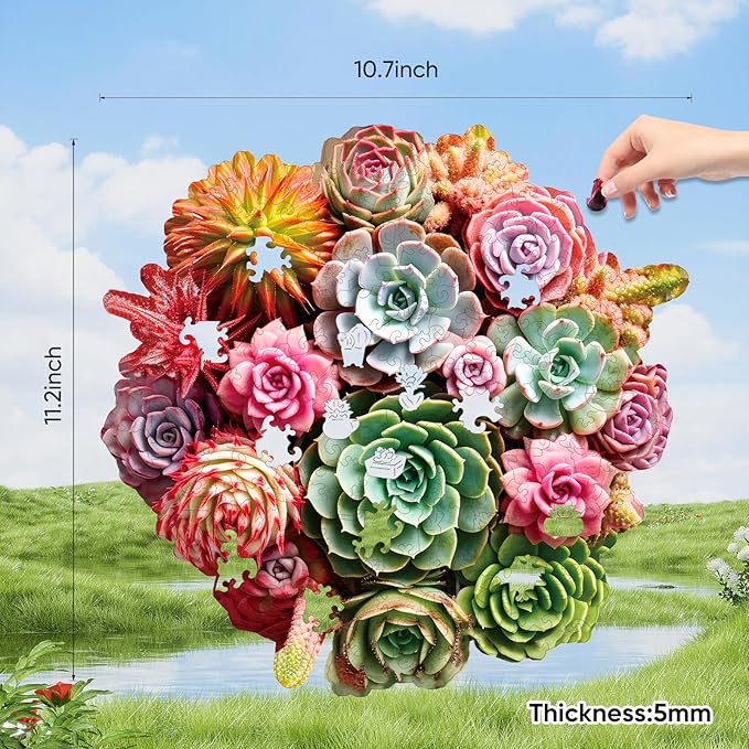 Succulent Bouquet Wooden Puzzles for Adults, 200 Pieces Mandala Round Jigsaw Puzzles, Medium Size Unique Shaped Liberty Wood Puzzle Gift for Kids, Family Game 11.3'' x 10.5''