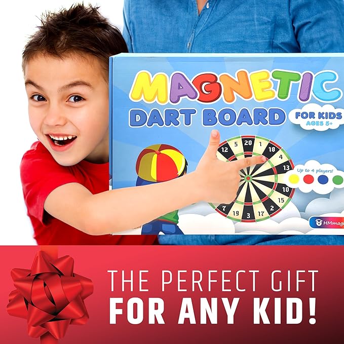 HMmagnets Large & Safe Magnetic Dart Board (Wooden Frame) for Kids & Adults - Fun Game for Up to 4 Players - Including 12 Colorful Darts + Dry Erase Score Board (2 Markers+Eraser) | Sturdy & Durable