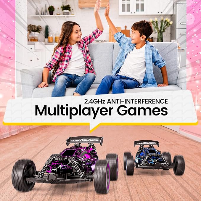 Tecnock RC Cars for Girls and Boys, 1:18 Scale Remote Control Car with USB-C Easy Charging, Rechargeable Battery for 50-Min Play, 2WD RC Racing Car with LED Lights, Toys Gifts for Kids