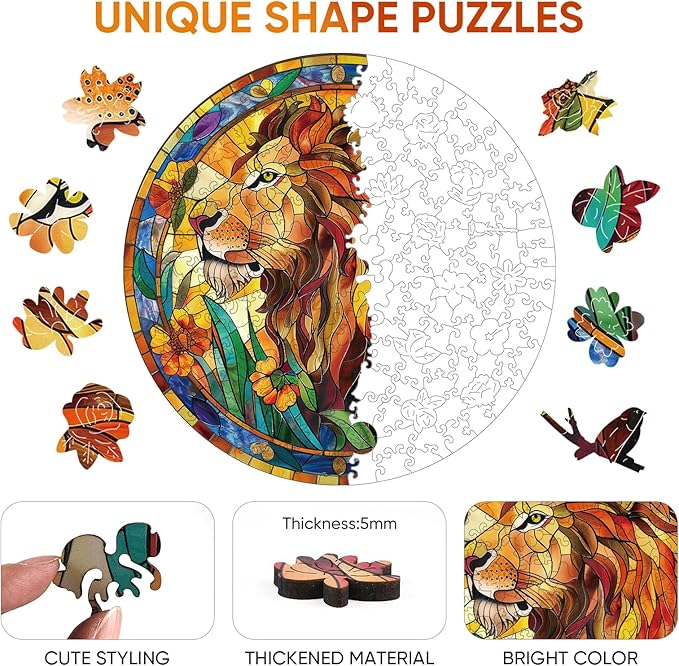 Wooden Puzzles for Adults, Nature & Lion Jigsaw Puzzles 200 Pieces, Unique Shaped Puzzle for Adults and Kids, Christmas Birthday Gift Family Game 11.2 x 11.2 Inch
