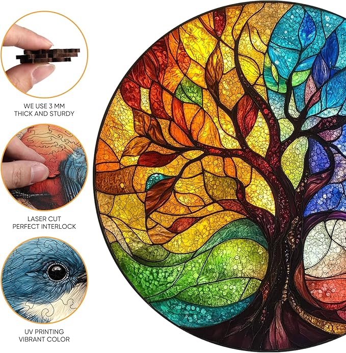 Wooden Puzzle for Adults - 3D Tree of Life Wooden Jigsaw Puzzles 200 Piece, Unique Shaped Challenging Puzzles, Exquisite Packaging, Best Gift Mother's Day Toys for Family Friends 11.2x11.2 in