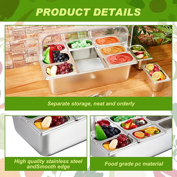 Tessco for you 16 Pcs Countertop Chilled Condiment Container Set with Lid, Stainless Steel Salad Cold Ice Food Spice Serving Display Caddy for Buffet Restaurant Kitchen Party(9 Compartments)