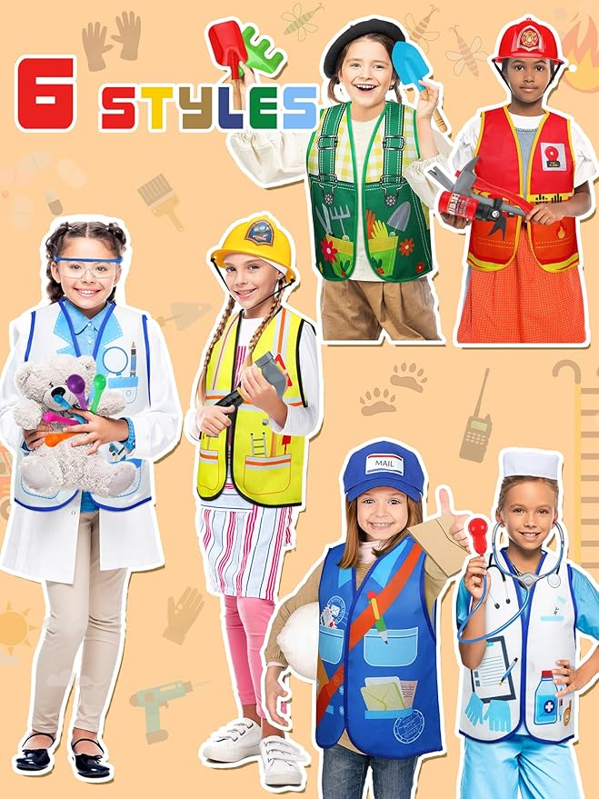 Hungdao 6 Sets Kids Dressing up Costumes Toddler Pretend Play for Age 6-10 Dress up Scientist, Firefighter, Postman, Farmer, Doctor, Engineer
