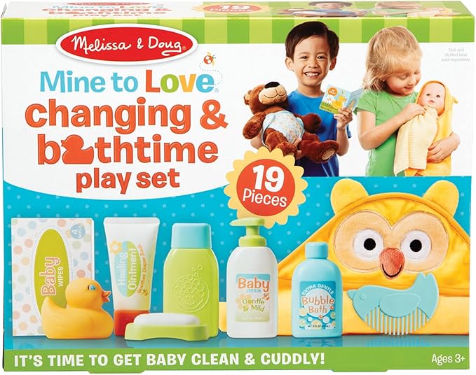 Melissa & Doug Mine to Love Changing & Bathtime Play Set for Dolls – Diapers, Pretend Shampoo,Wipes, Towel, More (19 pcs)