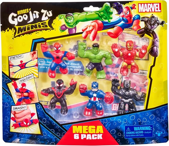 Heroes of Goo Jit Zu Marvel Mega Mini 6 Pack - Squishy, Stretchy, Gooey Mini Heroes - Ironman, Spider-Man, Captain America, Miles Morales, Hulk and Black Panther