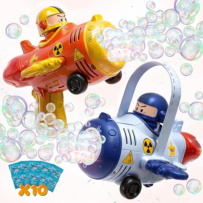 2 Pack Transformable Airplane Bubble Gun for Kids, 3-in-1 Bubble Blower Machines Toys with One-Click Transformation, LED Lights, and Rich Bubble Output, Ideal for Outdoor Play, Parties, Gifts