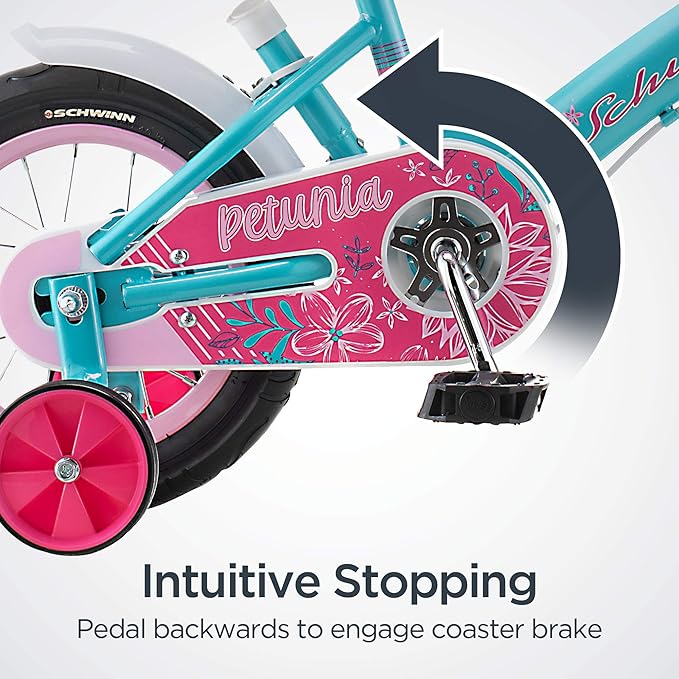Schwinn Grit and Petunia Push Steer and Ride Kids Bike, For Boys & Girls Ages 2-4 Year Old, Rider Height 28-38 Inch,12-Inch Wheels, Training Wheels, Detachable Push Handle with Water Bottle & Holder
