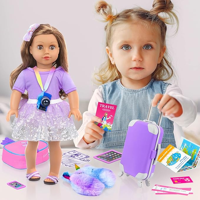 K.T. Fancy 23 pcs American 18 Inch Doll Accessories Suitcase Travel Luggage Play Set for 18 Inch Doll Travel Carrier, Sunglasses Camera Computer Phone Pad Travel Pillow Passport Tickets Cashes
