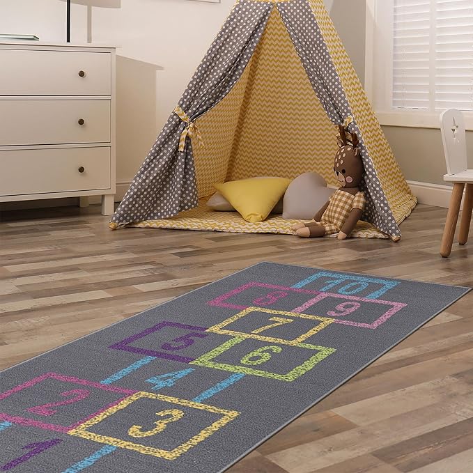 Ottomanson 2'7" x 6' Hopscotch Kids Rug - Play Mat for Playroom, Bedroom, Daycare & Classroom - Fun & Interactive Game Carpet - Durable and Non-Slip - Perfect for Learning & High-Traffic Areas, Gray