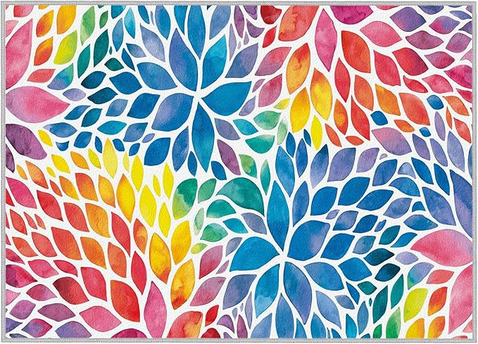 Abstract Colorful 5x7 Area Rug Modern Rainbow Dahlia Floral Rugs Multicolor Kids Area Rugs, Non-Slip Machine Washable Floor Carpet for Bedroom Living Room Playroom Classroom Dorm Office 5' x 7'