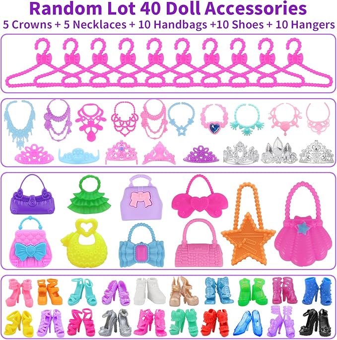 K.T. Fancy 83 Pcs Dolls & Accessories with Purple Closet Wardrobe for 11.5 Inch Doll Dress Up Set Including Wardrobe Shoes, Wallet, Dress Hangers, Brush, Necklace, Pet and Other Accessories