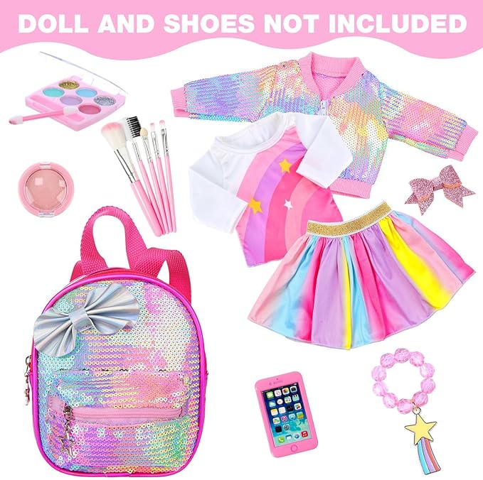 UNICORN ELEMENT American 18 Inch Doll Makeup Accessories and Clothes,Sequin Backpack Set for 18" Dolls Include Skirt Bracelet Hair Clip Phone and Makeup Sets(No Doll and Shoes