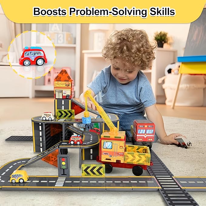 Upgraded Magnetic Tiles Road & Train Dual-Sided Expansion Pack, Magnetic Building Blocks Construction Toys for 3+Year Old Boys & Girls, Montessori Toys for Toddler, STEM Learning Gifts