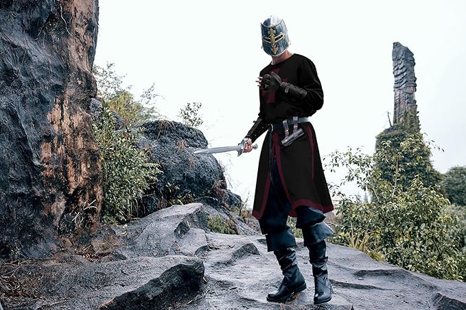 Ryannology Mens Crusader Costume Medieval Templar Renaissance Knight Warrior Tunic Retro Halloween Cosplay Top with Cross