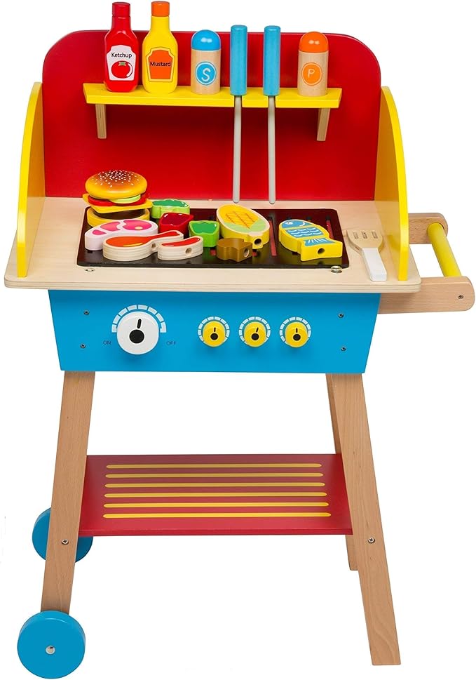 Cook 'N Grill Wooden BBQ Playset- Kids Pretend Play Wood Toy Barbeque w Food, Condiments & Grilling Tools- 30+ Pieces In All - Fun Indoor Outdoor Activity Set for Playrooms, Daycare Centers, Xmas Gift