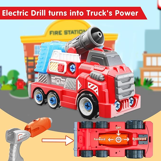 11inches Large Take Apart Fire Toy Trucks for Boys Girls Kids 3-5 6-8 Year Old Fire Rescue Vehicles with Electric Drill Set Assembly Toy