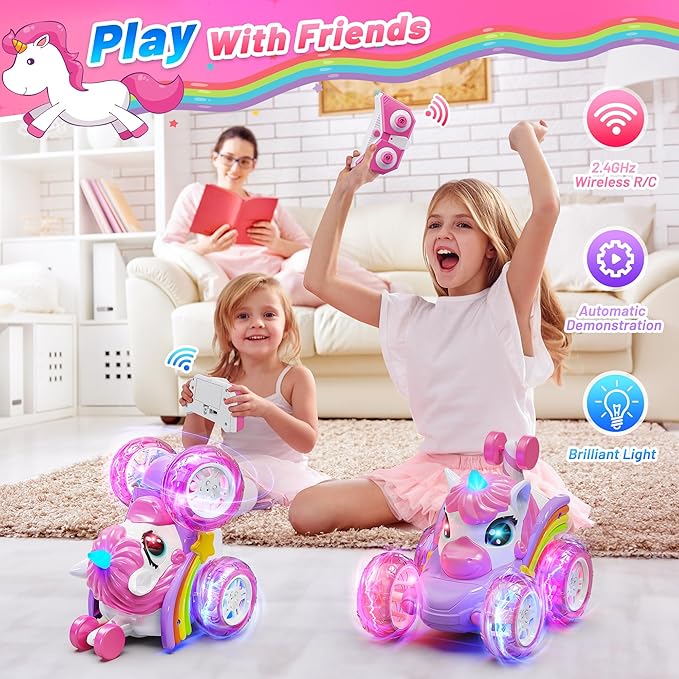 Carsky Remote Control Car RC Stunt Cars for Girl 360°Stunt Rotation 4WD Remote Cars for Kids 3-6 Double Sided RC Car with LED Lights,2.4GHz Electric Toy Car,Birthday Gift for 3 4 5 6 Year Old Girl