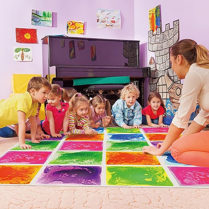Sensory Liquid Floor Tiles for Kids Austism, Colorful Decorative Liquid Tiles, Early Learning Toys, Activity Play Mats with Anti-Slip Backing, Multi-Color Set of 6 Pack 12" x 12"