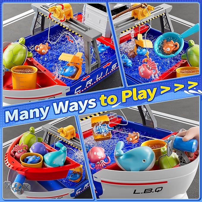 Ship Toys Water Tables for Kids Ages 2 3 4 5 6 - Electrical Play Boat for Toddlers 3-5, Fishing Game with 6 Fishes, Summer Water Sand Playset, Pool Beach Bath Toys, Gifts for Boys Girls 4-7
