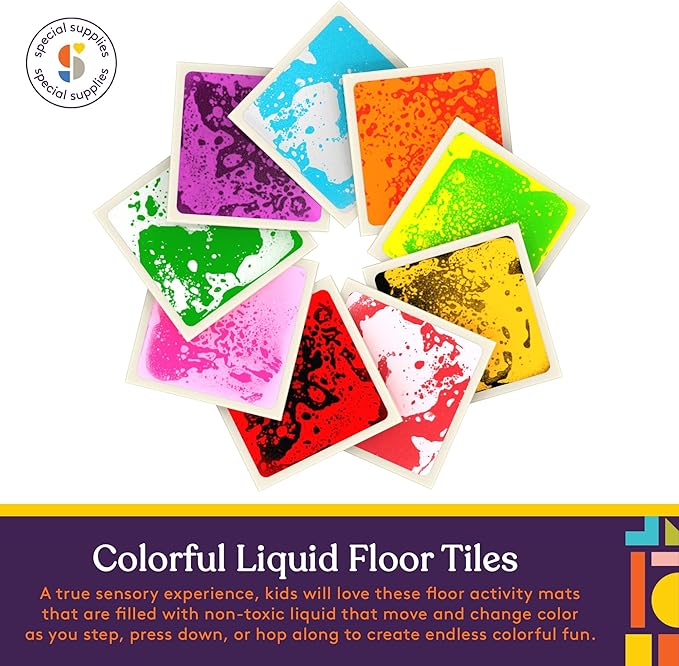 Special Supplies Square Floor Liquid Tiles for Kids, Set of 9, Colorful Early Learning Sensory Activity Mats for Toddlers and Children, Anti-Slip Backing for Active Play, Dance, and Games