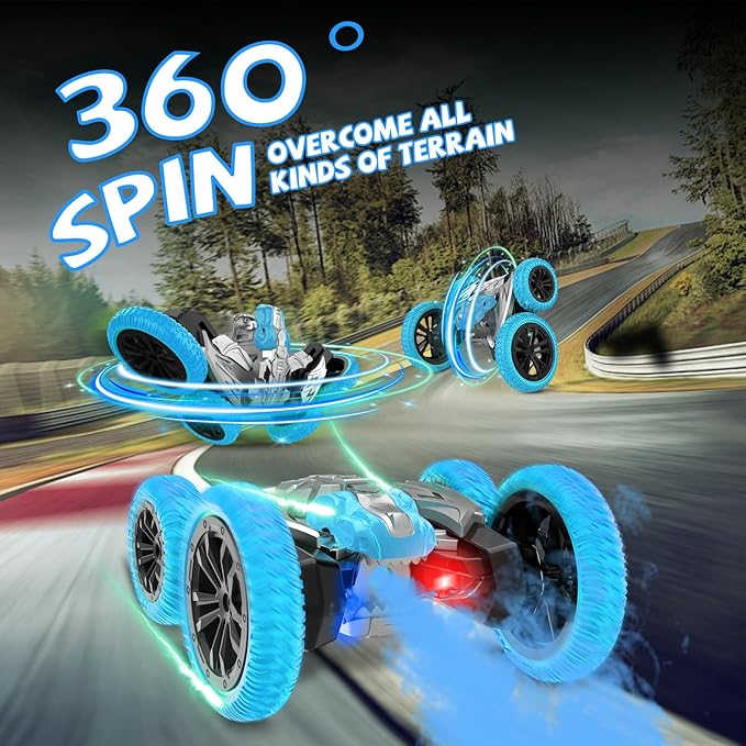 Remote Control Car, 360° Rotating RC Stunt Car with Lights and Spray, 2.4Ghz 4WD Double-Sided Driving RC Car Toys for Kids, Outdoor Dinosaur Truck Gift for Boys and Girls Age 4-7,8-12 (Blue)