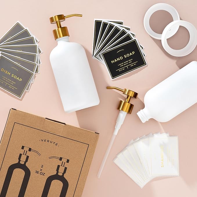 16oz Glass Soap Dispenser with Stainless Steel Pump, 21 Waterproof Labels, Non-Slip Protective Silicone Pad, Set of 2 for Bathroom & Kitchen (Matte White Bottle/Brushed Gold Pump)