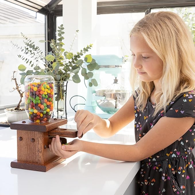 Peaceful Classics Wooden Candy Dispenser - Amish Handmade Containers & Storage For Gummy Or Peanut- Wood Storage Gumball Machine For Skittles Or M&Ms - Cereal Dispenser Countertop (Provincial)