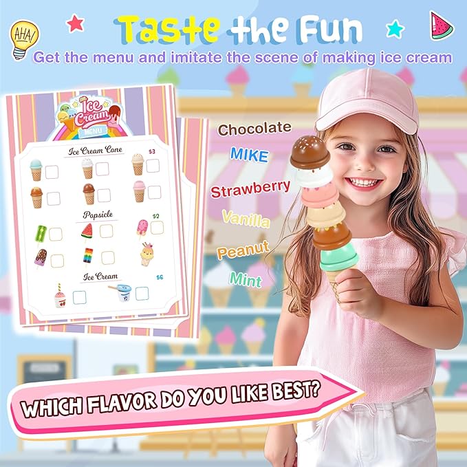 Ice Cream Toy, Wooden Ice Cream Toys for Kids Toddlers, Pretend Play Kitchen Food Toys, Wooden Play Store Counter Shop Playset for Toddlers, Toy Gift for 3 4 5 6 7 8 Year Old Girls Boys