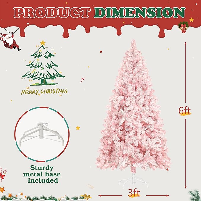 6FT Pink Premium Artificial Holiday Christmas Tree, Snow-Flocked Pine Tree with 1000+ Branch Tips, Metal Stand and Hinged Branches for Indoor and Outdoor