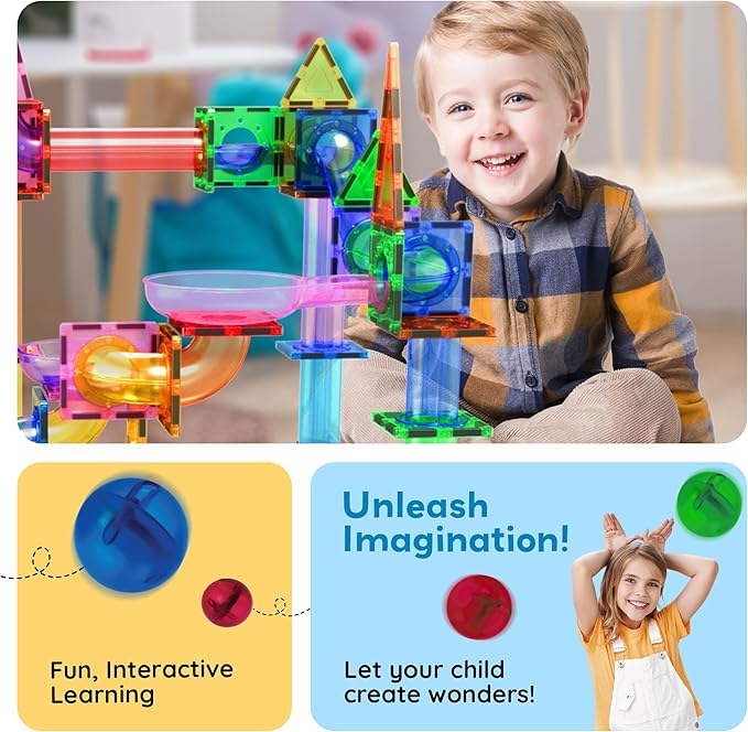 PicassoTiles Magnetic Marble Run Marbles for Kids Race Track Toy Set Marble Maze Sensory Toys for Toddlers STEM Educational Magnet Building Blocks Construction Building Tiles Boys Girls 3+