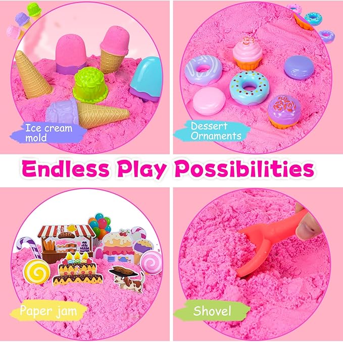 Play Sand Kit for Girls, Ice Cream Sensory Bin Sandbox, Creative Bake Shop with 2.2lbs Magic Sand, Ice Cream & Cake Models, Cleaning Tools, Pretend Beach Cake Stand Toys Gift for Toddler Ages 3-8