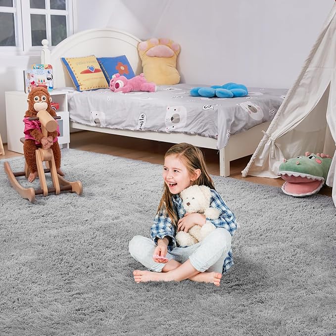 Ultra Soft Rug for Living Room, 9X12 Fluffy Shag Area Rug for Bedroom, Modern Shaggy Carpets Fuzzy Rug for Teens Dorm Nursery Home Decor Aesthetic, Upgrade Anti-Skid Durable, Light Grey