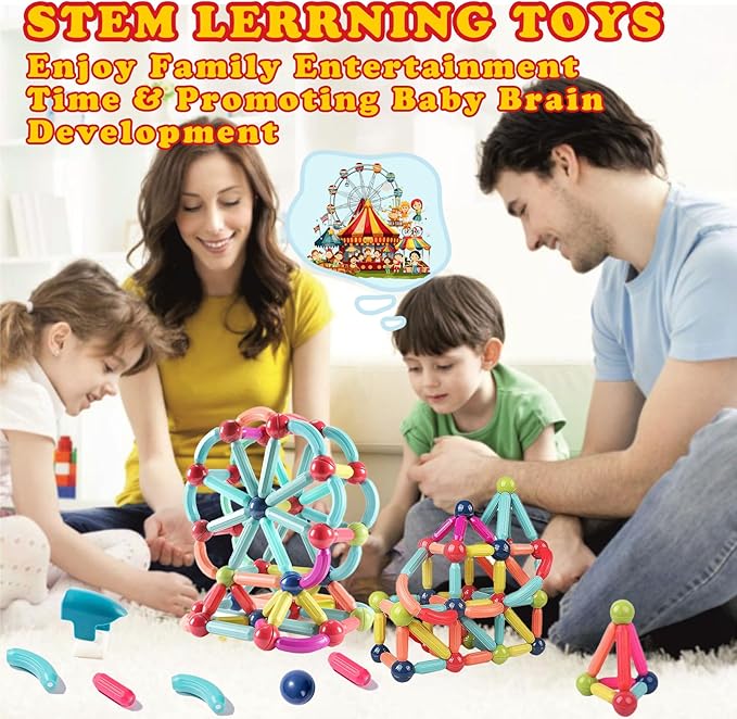 128Pcs Magnetic Blocks Kids Toys, Large Magnetic Building Sticks STEM Educational Sensory Toy Preschool Learning Montessori Toys for Toddlers Boys Girls Ages 3-8 with 2 Cars